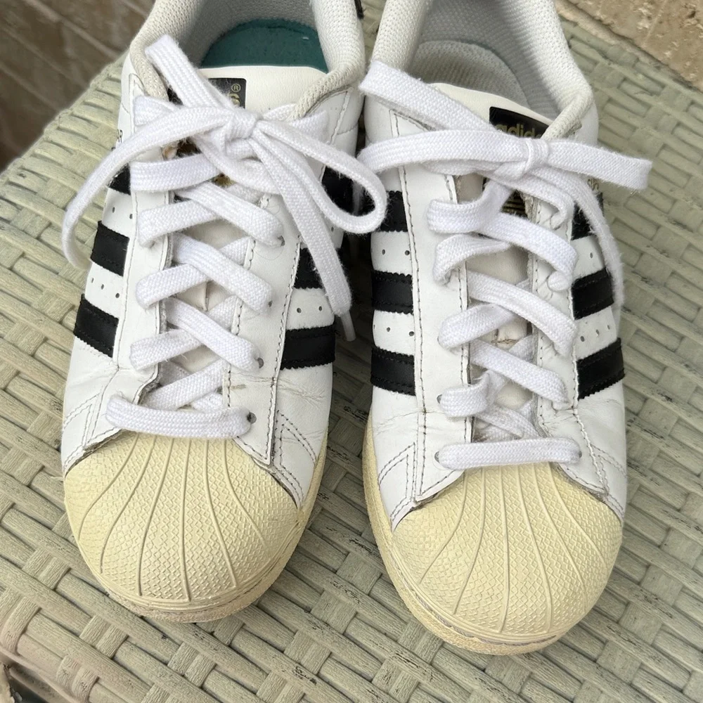 Adidas Superstar White and Black Sneakers with Cream Accents Size 5